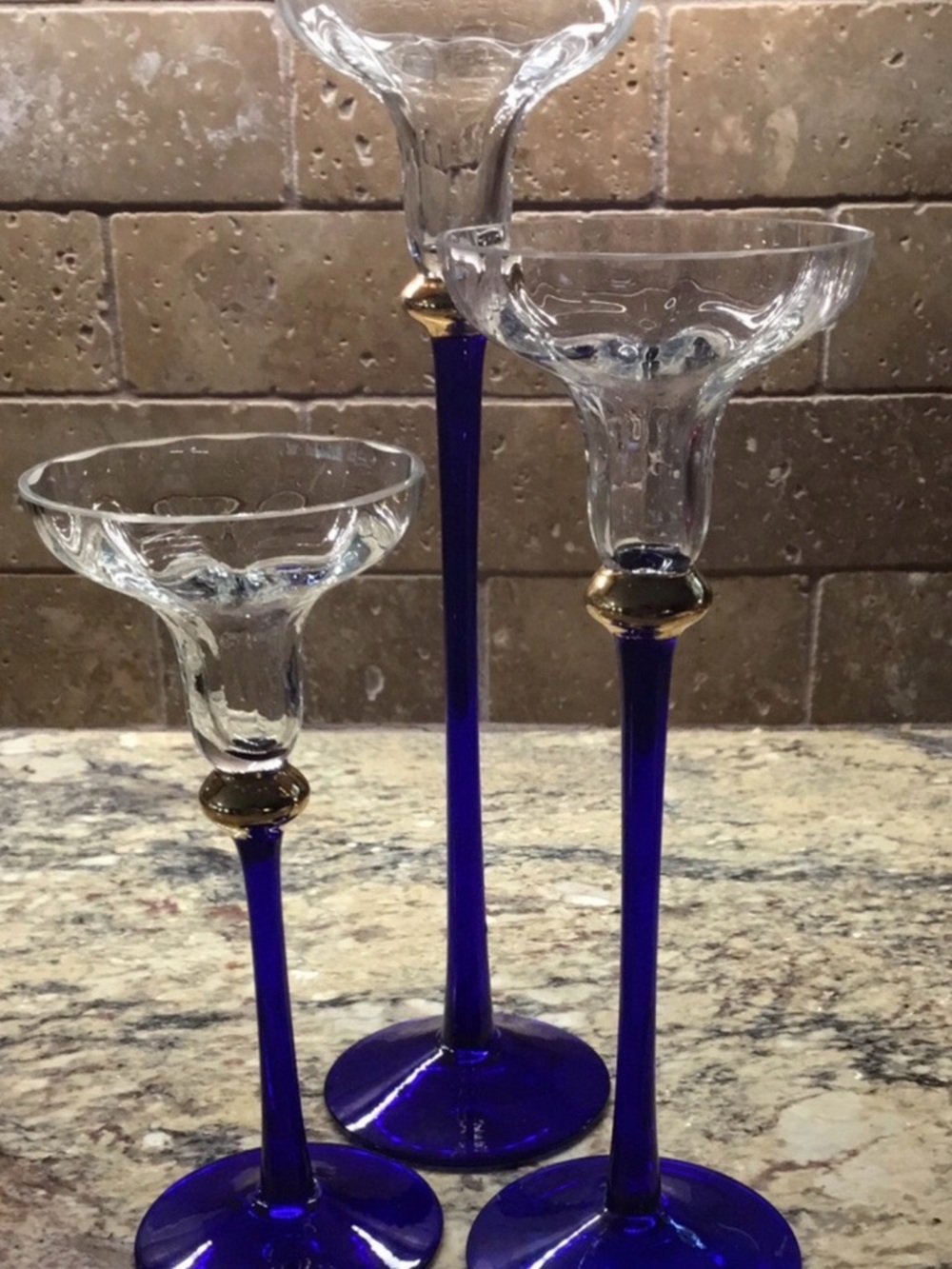 Hand Crafted Cobalt Blue Glass Pedestal Vases with Gold Accents